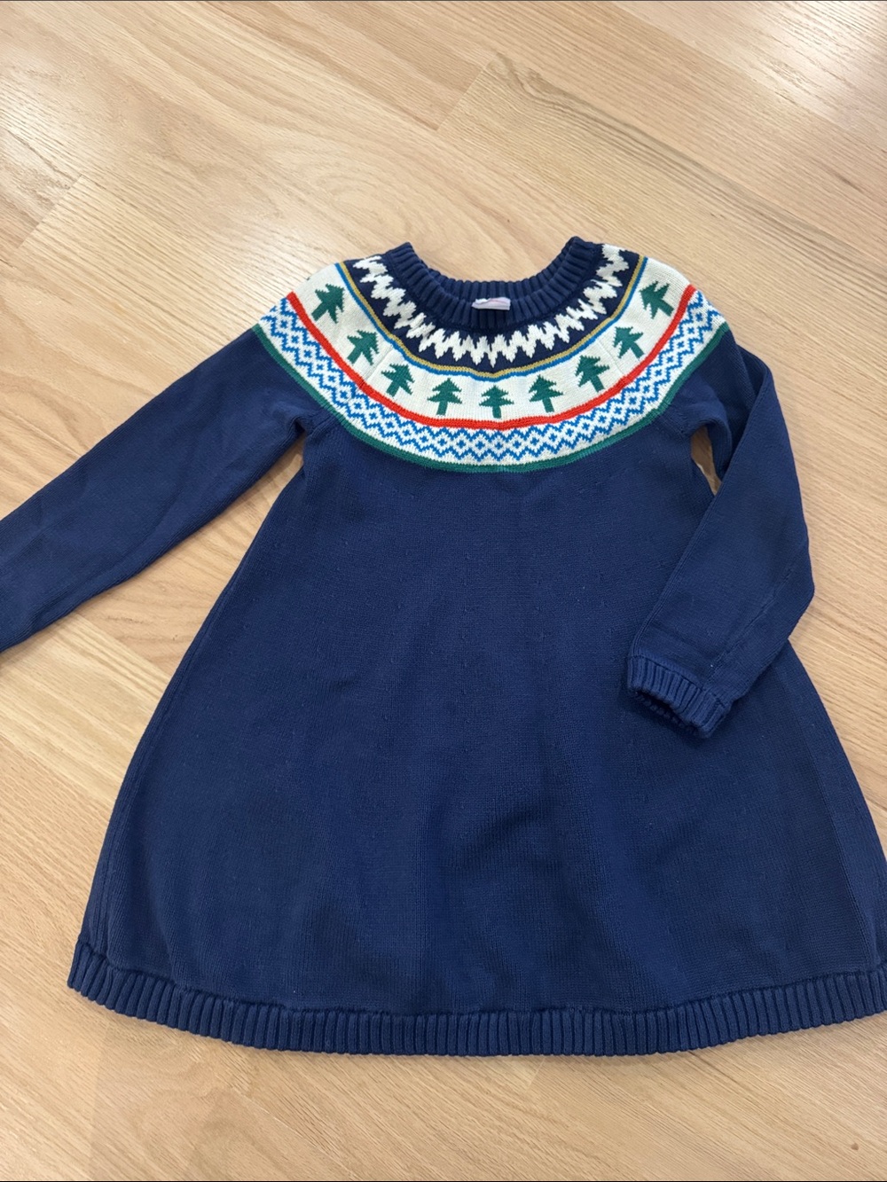Hanna Andersson | Navy Knit Dress with Green Tree Yoke and Red Accent